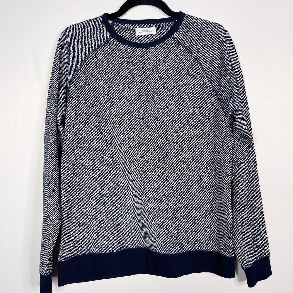 Saturdays New York City Mens Small Navy Blue White Zebra Knit Crew Neck Sweater